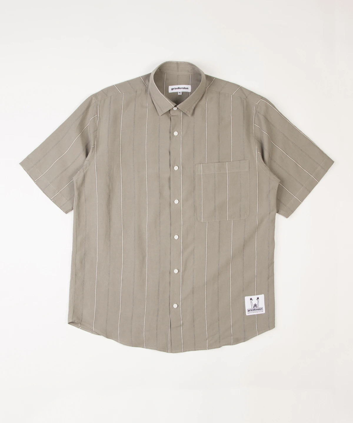 grindlondon viscose linen blend japanese deadstock fabric striped short sleeve shirt olive.