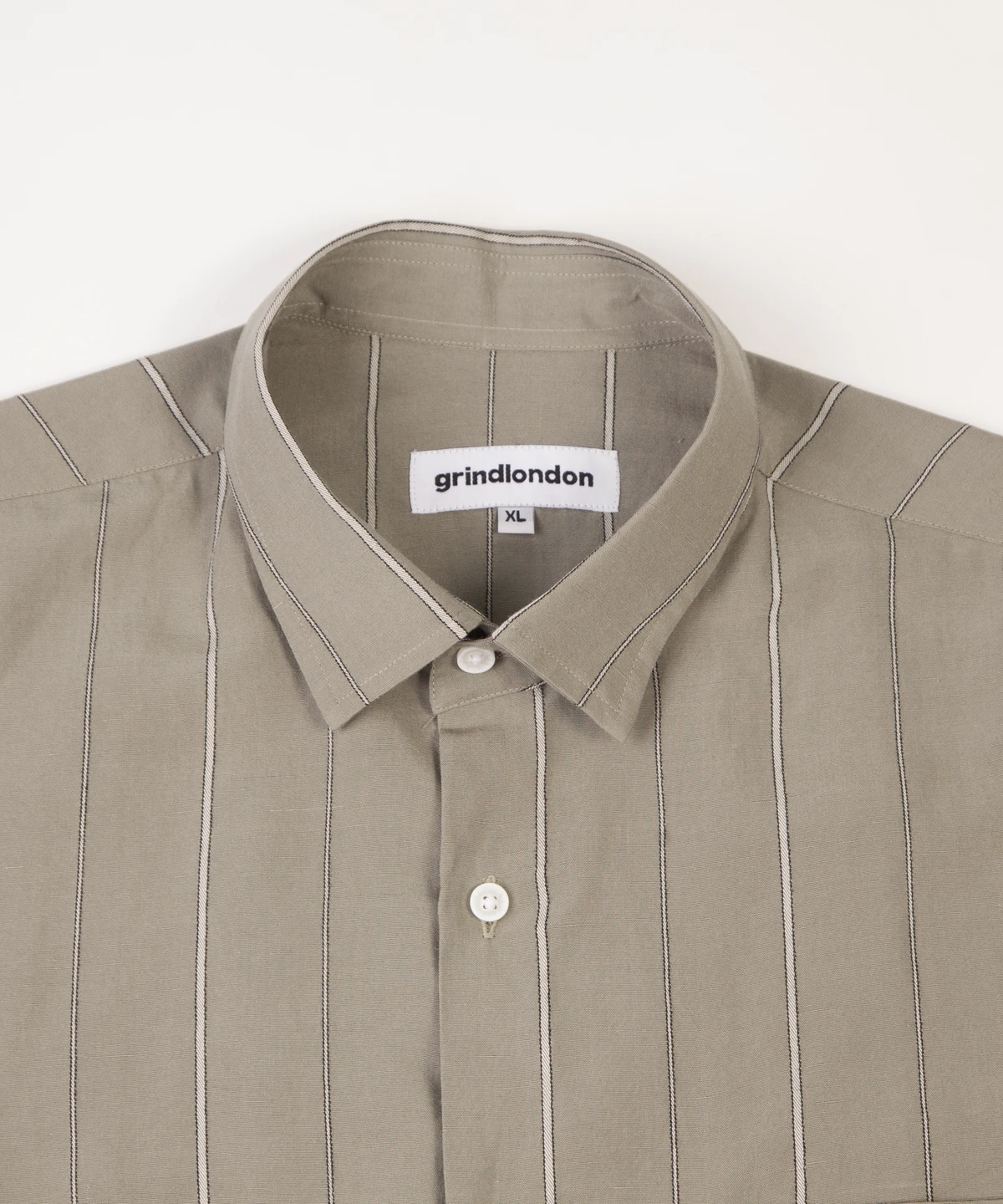 grindlondon viscose linen blend japanese deadstock fabric striped short sleeve shirt olive.