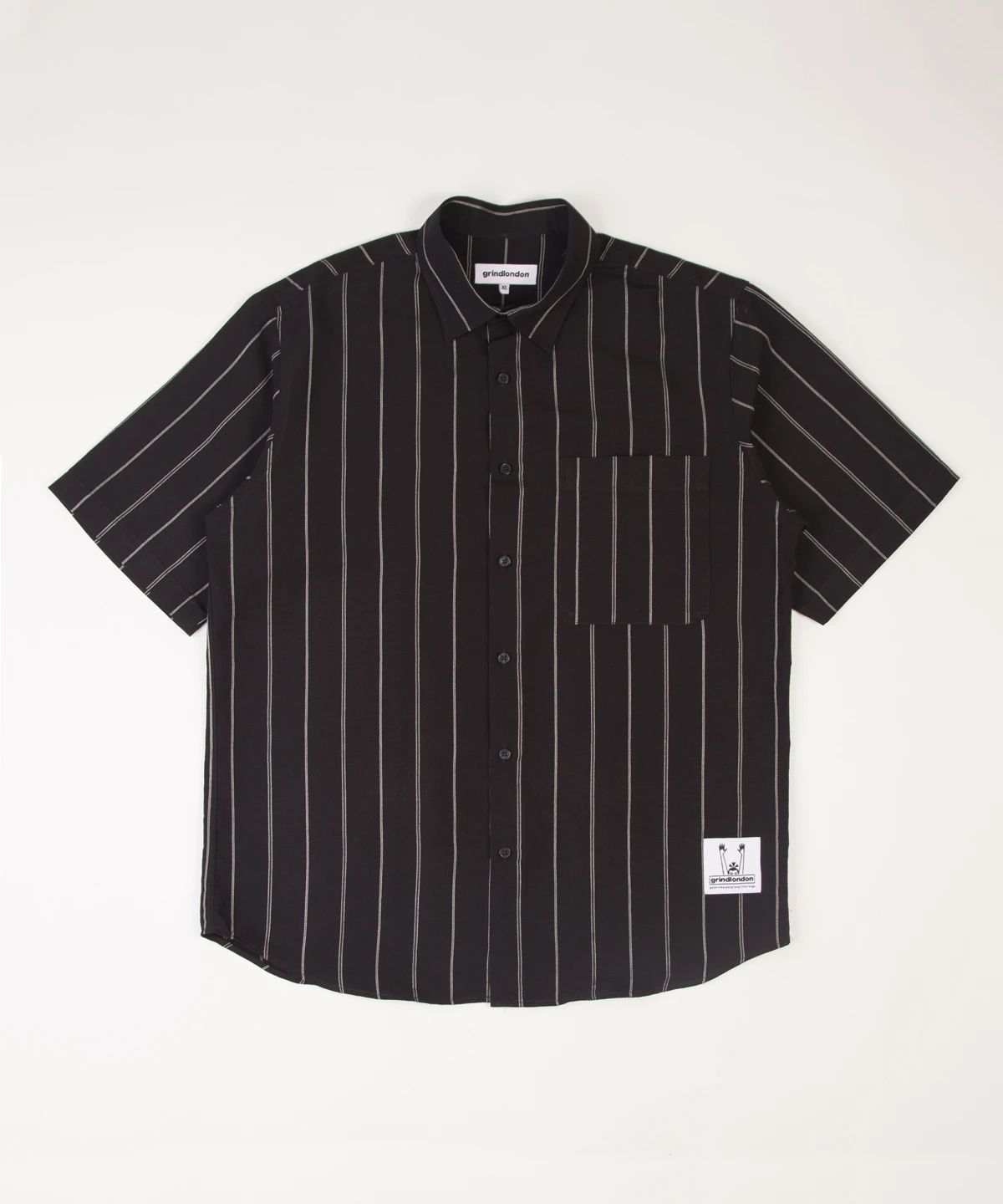 grindlondon viscose linen blend japanese deadstock fabric striped short sleeve shirt black.