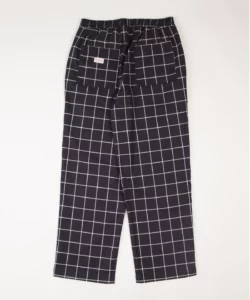 grindlondon 100% japanese cotton deadstock fabric checked relaxed elasticated waist trouser navy